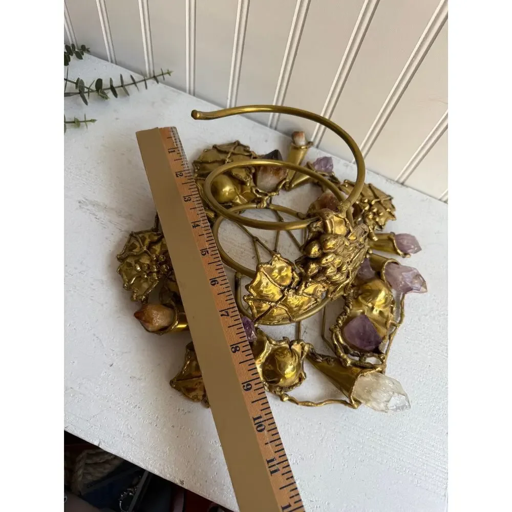 Vintage Handcrafted Brass Wine Bottle Holder | Amethyst & Quartz Gemstone